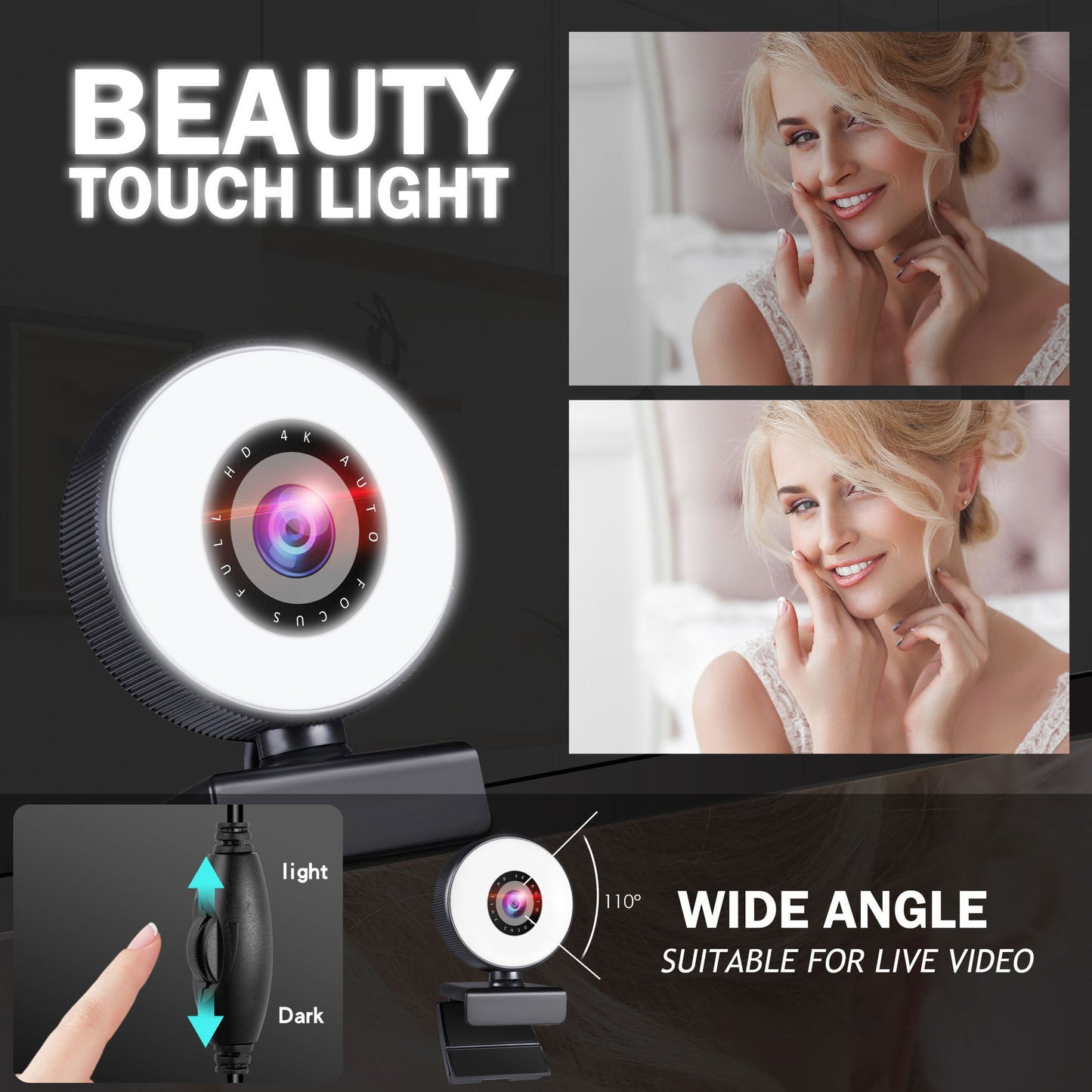 4k beauty autofocus 1080p computer camera high-definition touch USB live streaming webcam2k fill light