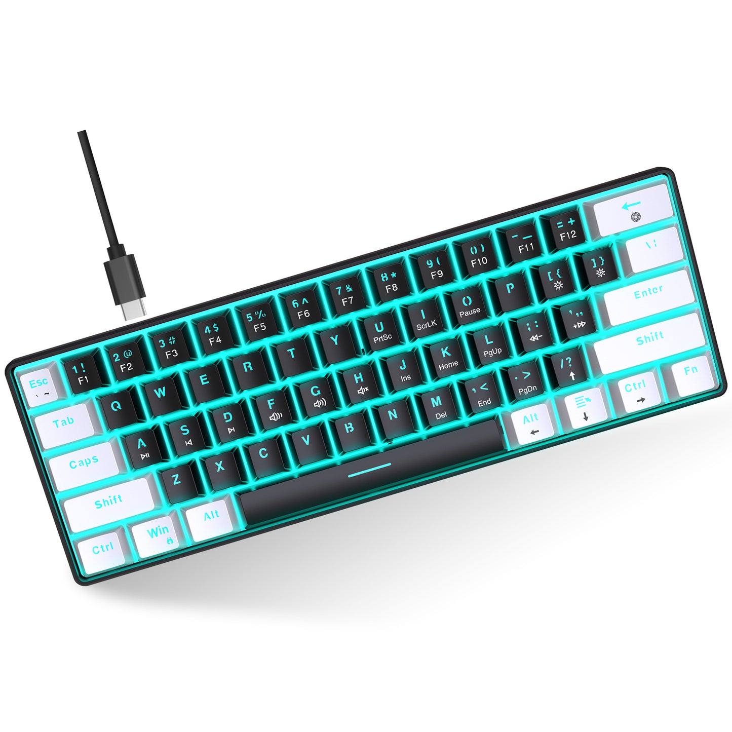 Mechanical keyboard 61 key short style small keyboard for office typing, black and white dual splicing ice blue backlit blue axis gaming keyboard