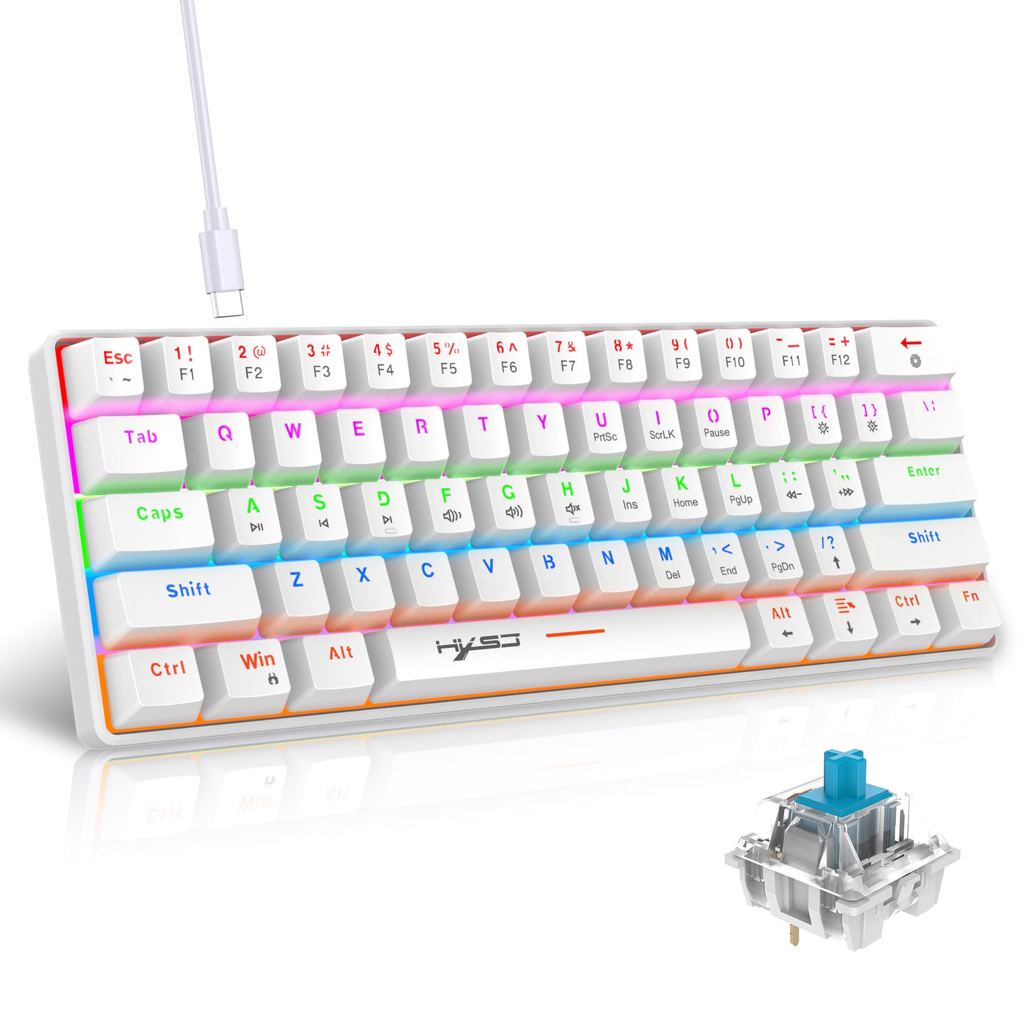 Mechanical keyboard 61 key short style small keyboard for office typing, black and white dual splicing ice blue backlit blue axis gaming keyboard